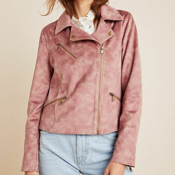 Anthropologie Moto Jacket Womens Pink Crop Micro Suede Leather Tie Dye - Picture 2 of 9